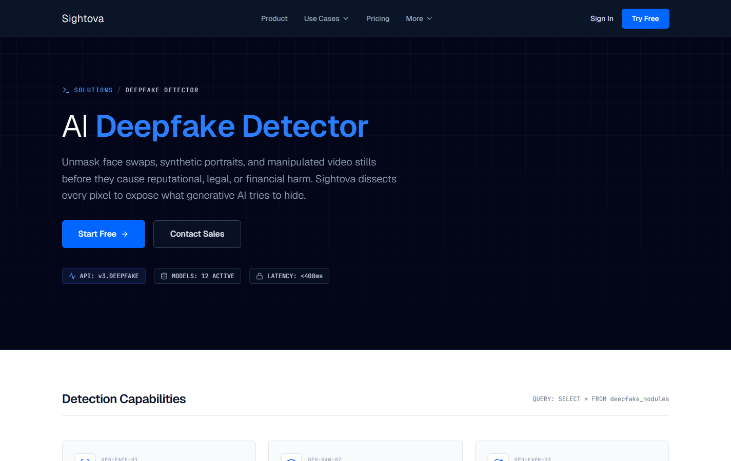 Skjermbilde av sightova.com/solutions/deepfake-detector: Sightovas deepfake-detektor er laget for å avsløre ansiktsbytter, syntetiske portretter og manipulerte stillbilder fra video.